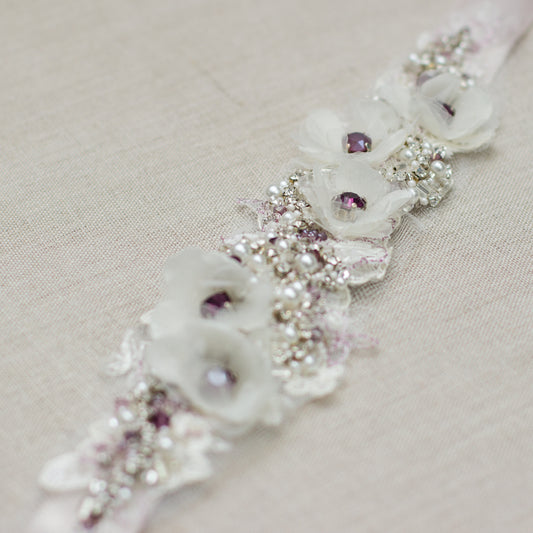  Romantic wedding dress belt sash features ivory, blush, burgundy, plum accents. Handmade floral design bridal sash belt is perfect for rustic, spring, or summer weddings. An online boutique with one-of-a-kind wedding accessories.