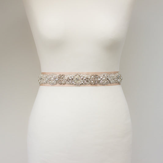 Crystal wedding dress belt. Bridal rhinestone sash. Antiqued silver lace sash belt. 