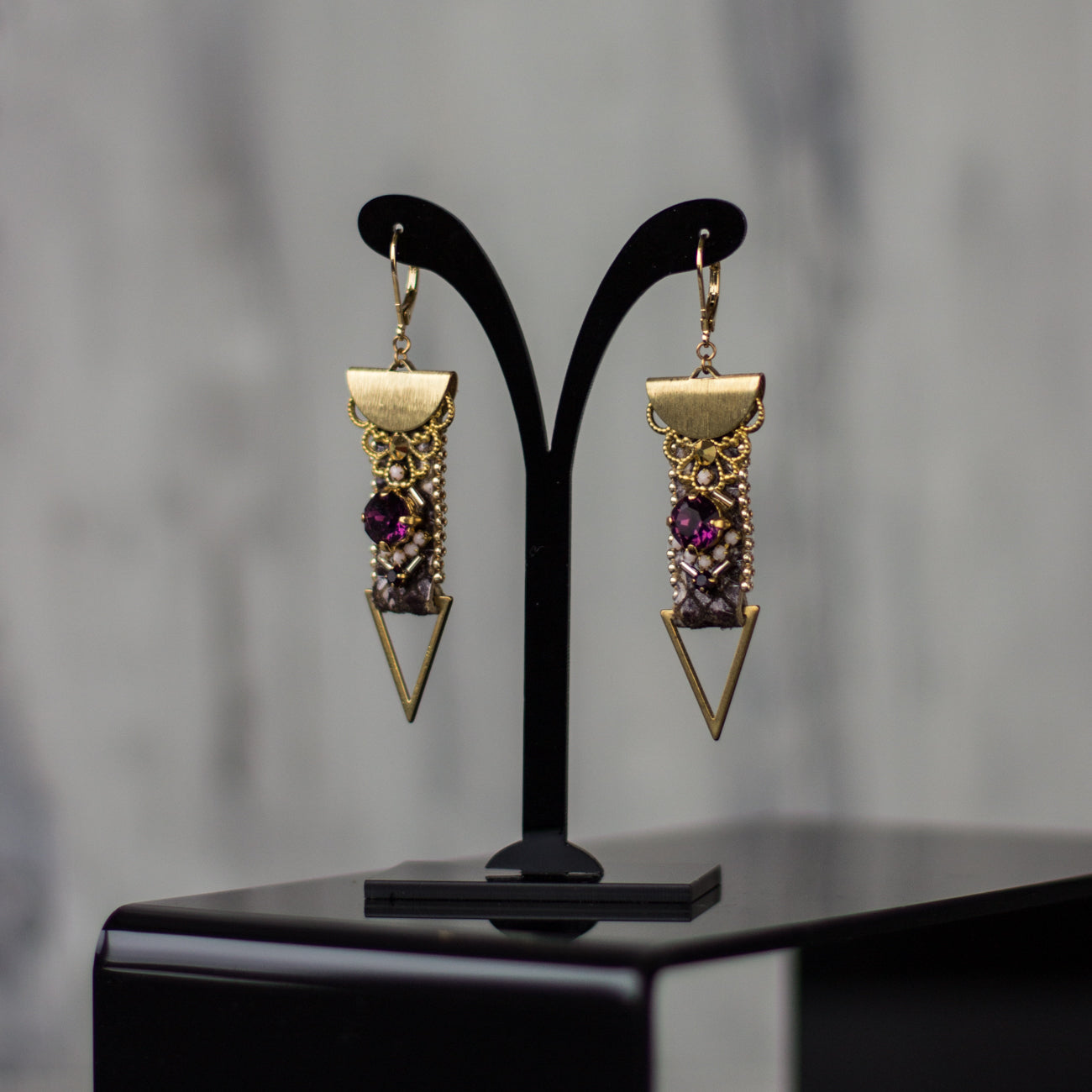 Buy online unique Fancy geometric earrings. Gold Purple earrings. Crystal earrings. Leather earrings. Snake skin earrings. OOAK jewelry. Handmade accessories. Fashion accessories. Gift Idea