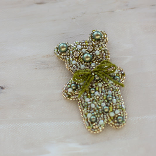 Find the perfect accessories at  LeFlowers Boutique. Green Teddy bear brooch. Pearl brooch. Cute brooch. Embroidered brooch. Children accessories. Handmade jewelry. OOAK brooch