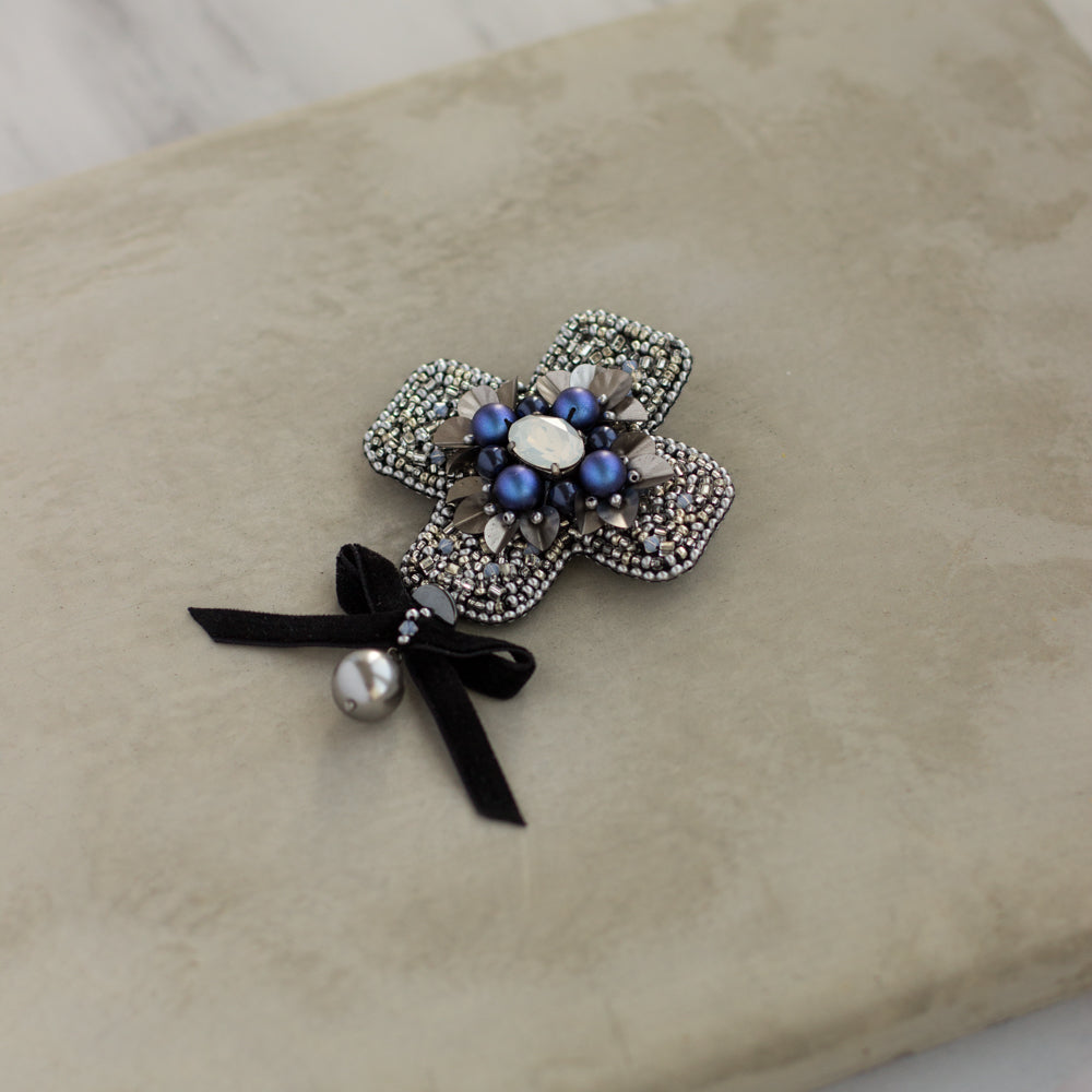 Handmade brooch. Silver-Blue-Black brooch. Cross brooch. Embroidered accessories. Handmade jewelry. OOAK brooches. Unisex Fashion accessories. Blue pin brooch.