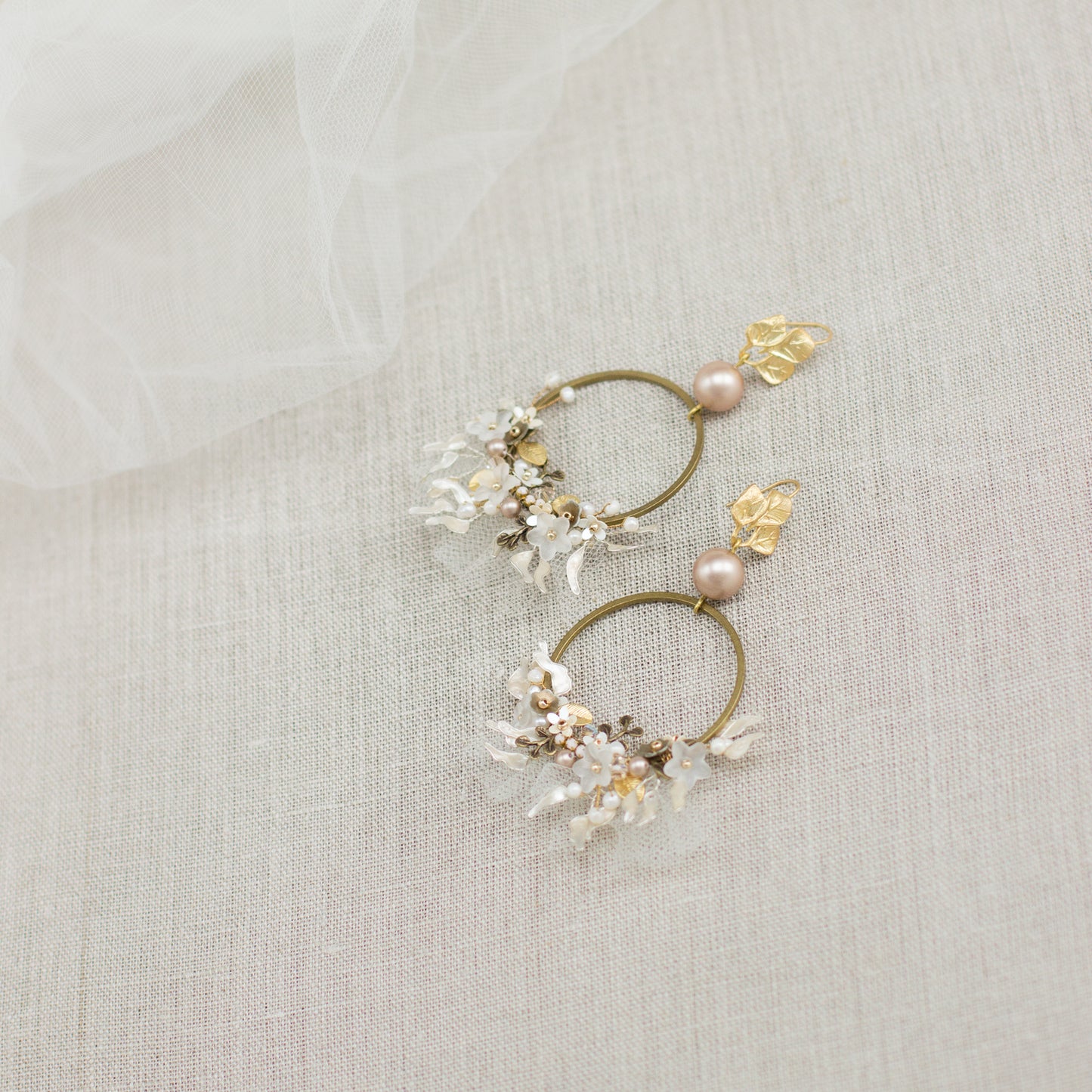 Stylish & unique hoop earrings to make a statement! Floral Pearl Hoop earrings. Wedding earrings. Bridal jewelry. Powder almond earrings. Handmade jewelry. Woman fashion bijouterie. One of a kind accessories.