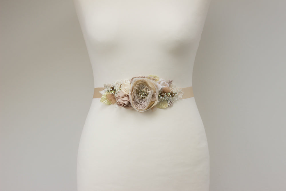 For a rustic, spring or summer wedding, consider this unique handmade wedding dress sash belt. A one-of-a-kind sage green floral bridal belt. Beige bridal sash belt. Tan floral sash. Unique bridal accessories.
