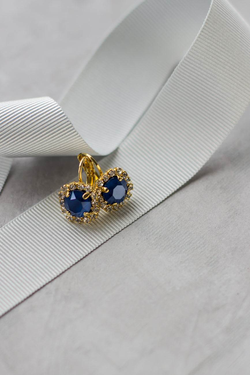 Small crystal earrings. Royal blue jewelry. Gold crystal earrings. Swarovski accessories.
