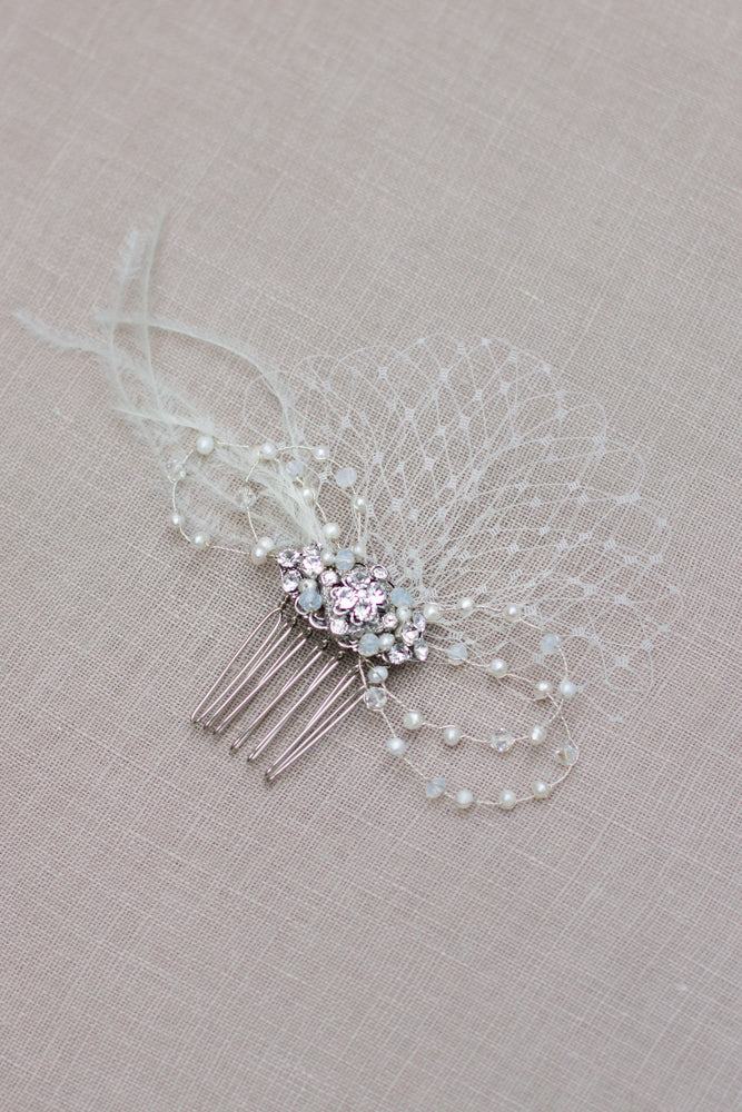 Bow bridal headpiece. Crystal & freshwater pearl wedding hair piece. feather accessory. Tulle fascinator. 