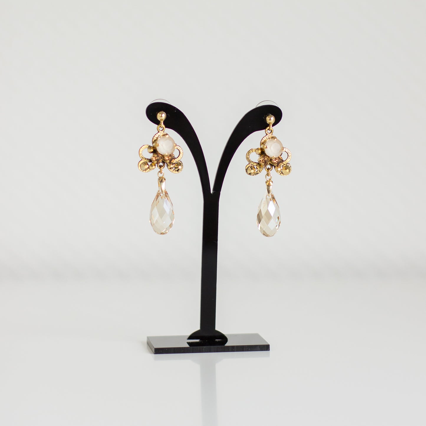 Crystal earrings. Golden shadow jewelry. Antiqued gold wedding jewelry. Rhinestone bridal earrings. Handmade Swarovski crystal accessories.