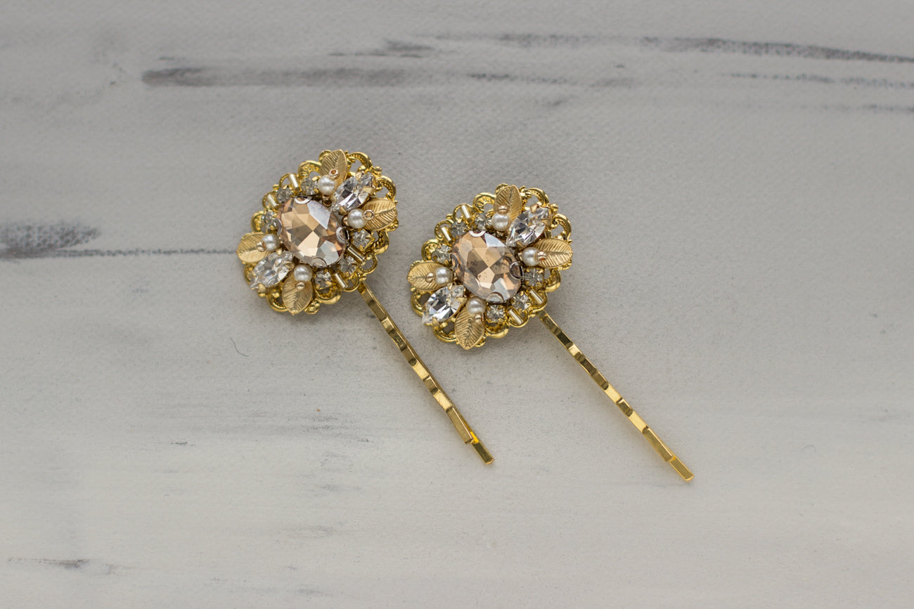 The pair (two) small and elegant gold wedding hair pins. Handmade bridal hair accessories. Crystal & pearl wedding headpiece. The timeless elegance - gold embellishments that enhance both long, flowing hair and bridal buns