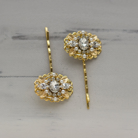 The pair (two) small and elegant gold wedding hair pins. Handmade bridal hair accessories. Crystal & pearl wedding headpiece. The timeless elegance - gold embellishments that enhance both long, flowing hair and bridal buns