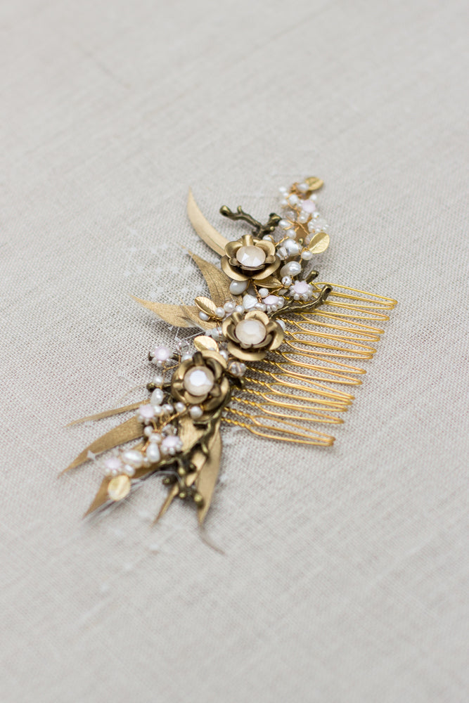 Rose Blossom branch headpiece. Golden wedding headpiece. Crystal bridal hair comb. Nature inspired accessories. 