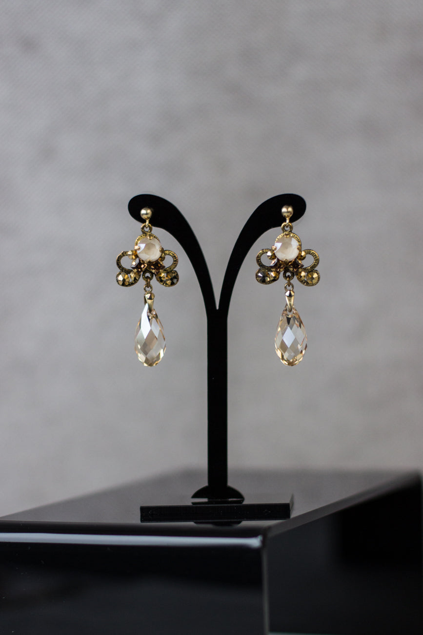 Crystal earrings. Golden shadow jewelry. Antiqued gold wedding jewelry. Rhinestone bridal earrings. Handmade Swarovski crystal accessories.