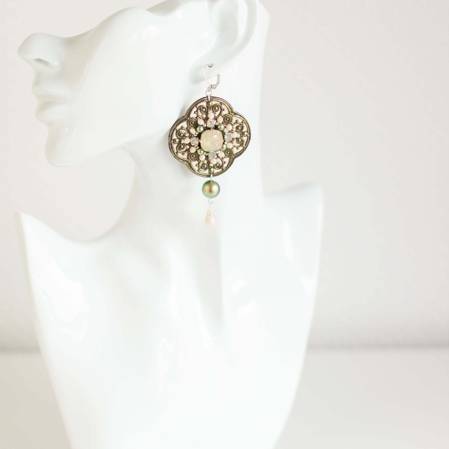 Brass earrings. Sand opal crystal and earrings. Hand embroidered accessories - a wearable work of art. one of a kind jewelry