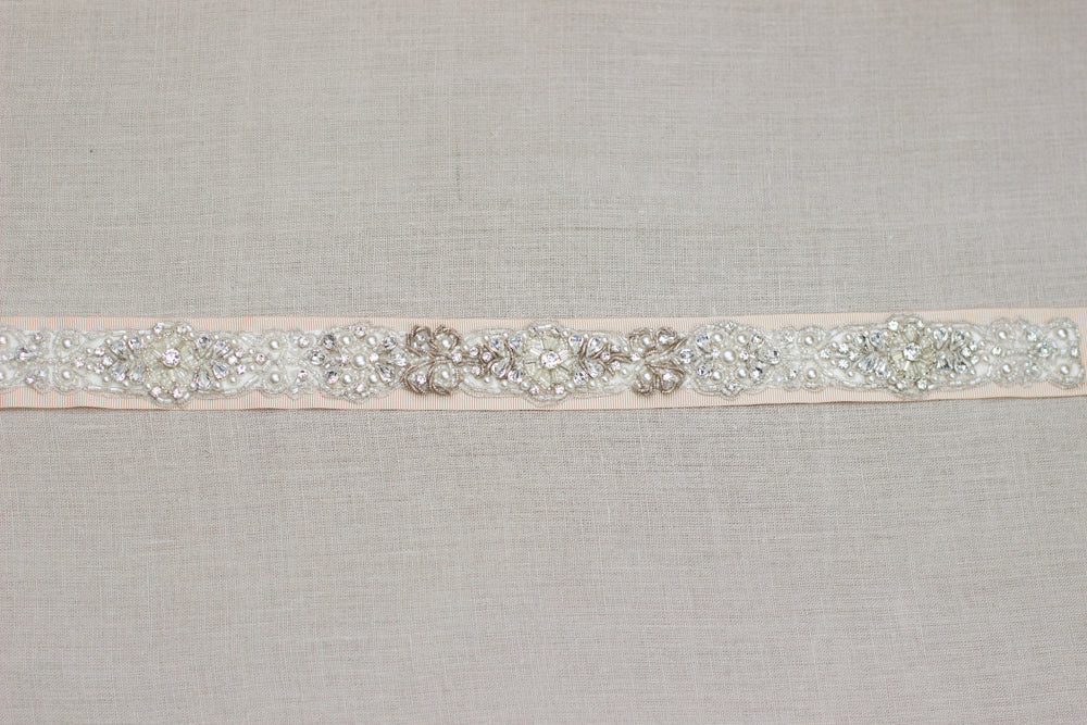 Crystal wedding dress belt. Bridal rhinestone sash. Antiqued silver lace sash belt.