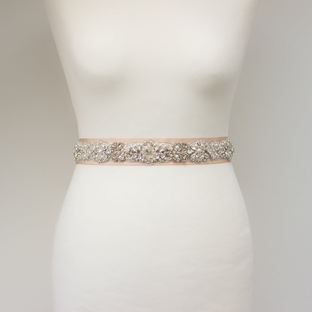 Crystal wedding dress belt. Bridal rhinestone sash. Antiqued silver lace sash belt. 