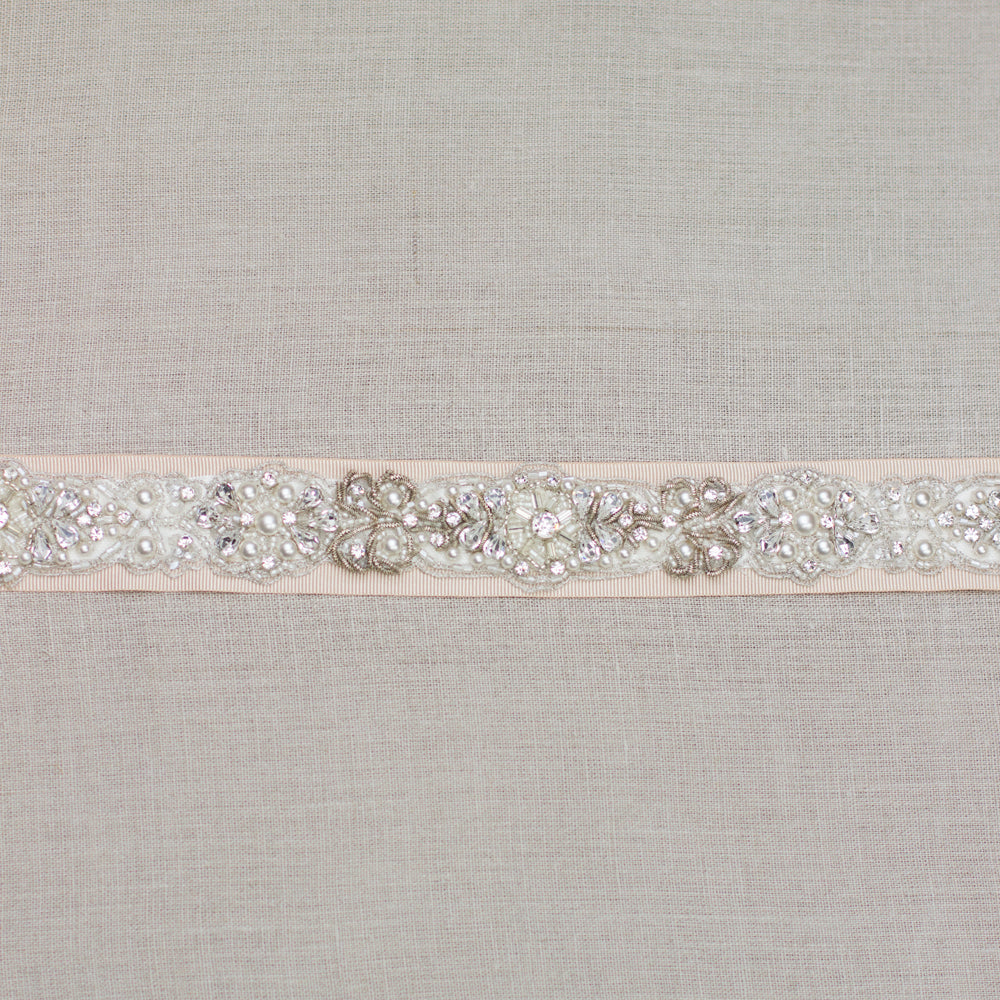 Crystal wedding dress belt. Bridal rhinestone sash. Antiqued silver lace sash belt.