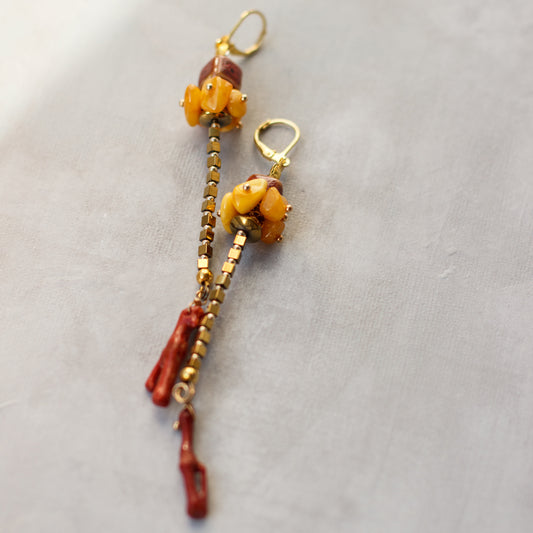 Long, light & bright unique fashion accessories. Amber earrings. Coral earrings.  Geometric shapes jewelry. Gold, yellow, and red earrings.  fashionable look for summer.