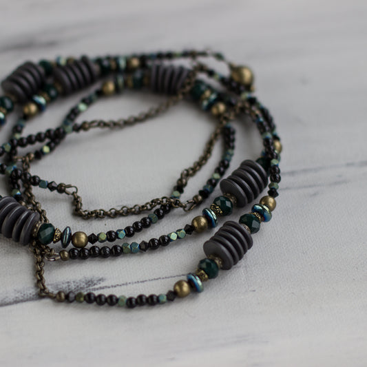 Shop a unique black and green long transform  necklace, handmade from natural stone and glass. Opera necklace. Perfect as a one-of-a-kind gift.