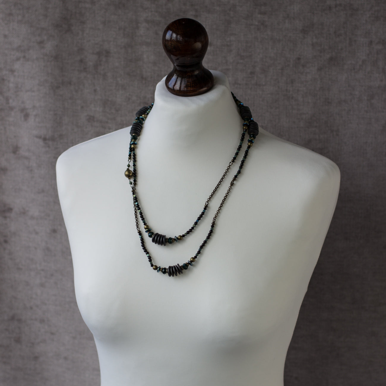 Shop a unique black and green long necklace, handmade from natural stone and glass. Opera necklace. Perfect as a one-of-a-kind gift.