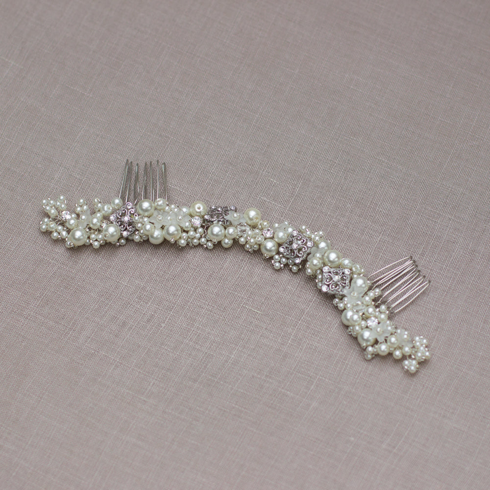 Pearl wedding headpiece. Long twisted bridal hair comb. Silver crystal hair piece