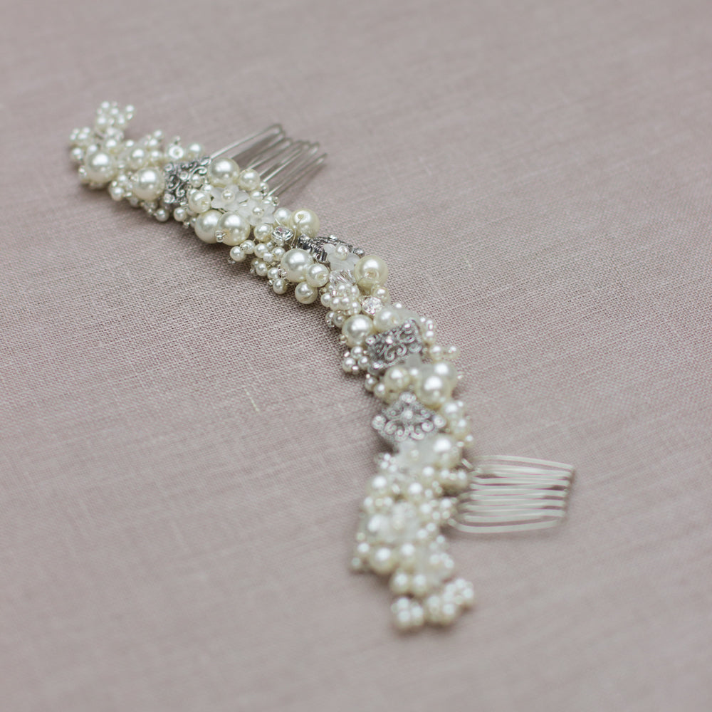 Pearl wedding headpiece. Long twisted bridal hair comb. Silver crystal hair piece. 