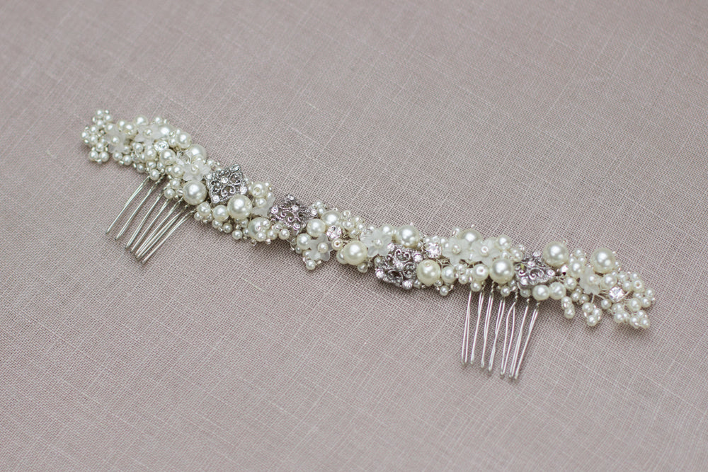 Pearl wedding headpiece. Long twisted bridal hair comb. Silver crystal hair piece
