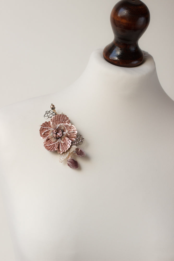 Rose pink brooch, Floral boutonniere pin. One of a kind corsage brooch. Sequin accessories. Pink handmade jewelry