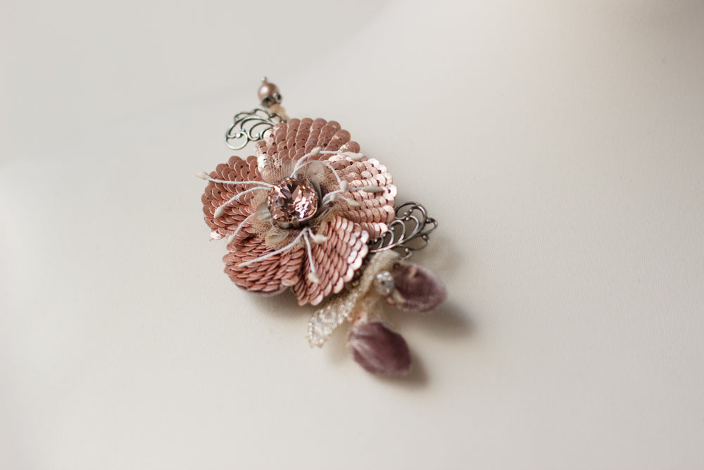 Rose pink brooch, Floral boutonniere pin. One of a kind corsage brooch. Sequin accessories. Pink handmade jewelry