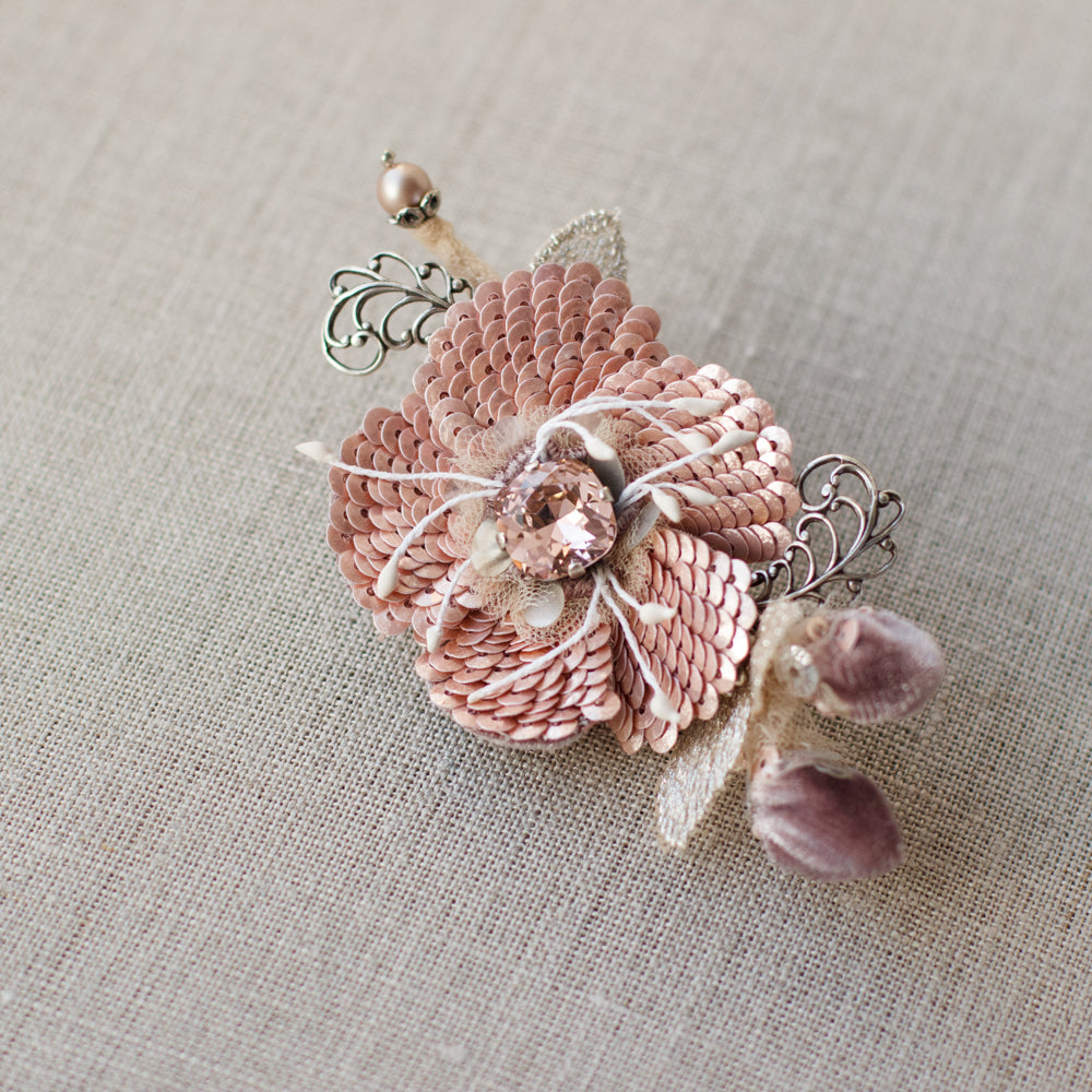 Rose pink brooch, Floral boutonniere pin.  One of a kind corsage brooch. Sequin accessories. Pink handmade jewelry