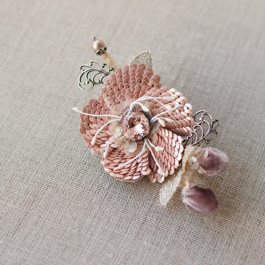 Rose pink brooch, Floral boutonniere pin.  One of a kind corsage brooch. Sequin accessories. Pink handmade jewelry