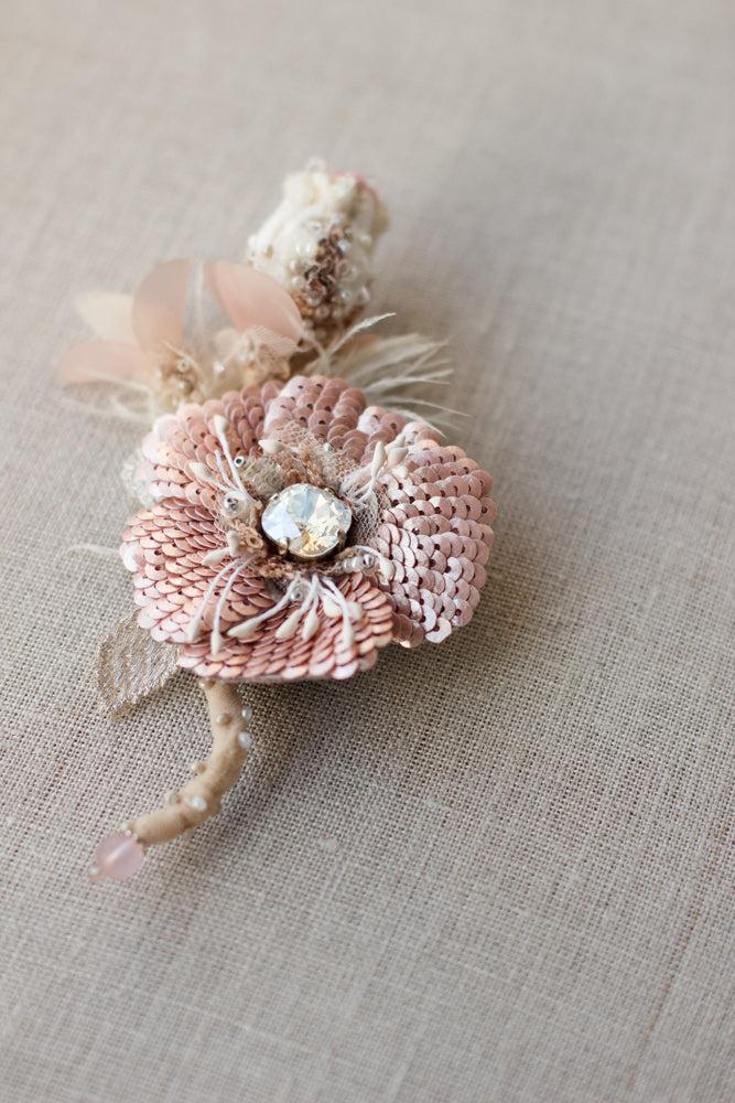Flower brooch. Blush pink boutonniere pin. Sequin flower corsage pin. Handmade accessories. Unique jewelry