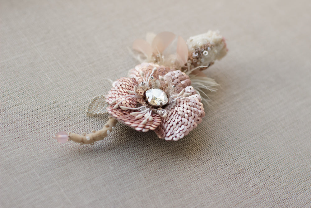 Flower brooch. Blush pink boutonniere pin. Sequin flower corsage pin. Handmade accessories.  Unique jewelry.
