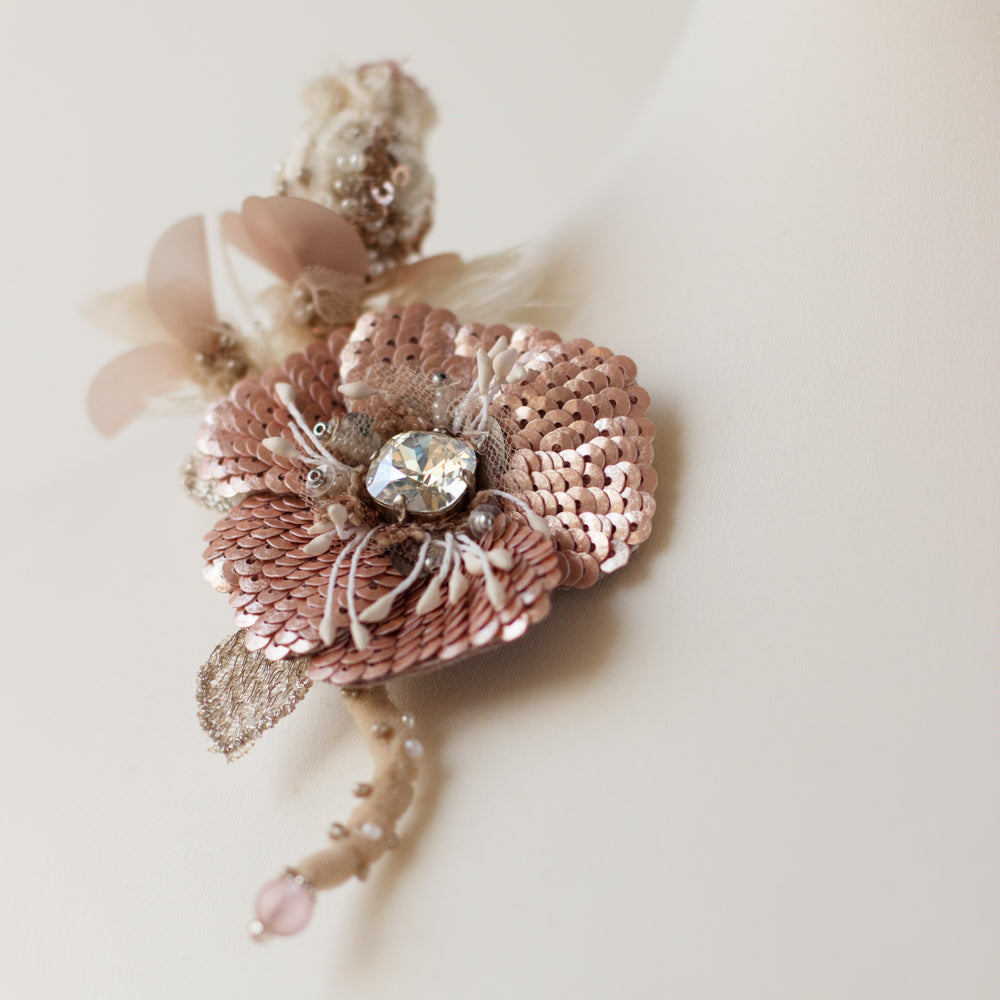 Flower brooch. Blush pink boutonniere pin. Sequin flower corsage pin. Handmade accessories. Unique jewelry