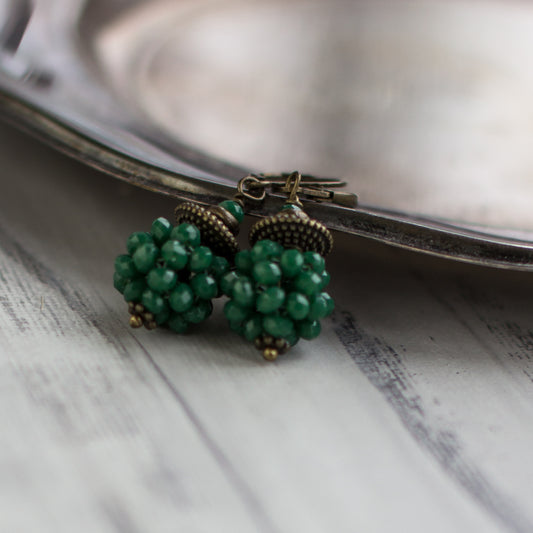 Handcrafted green crystal petite-size earrings. Daily wear small ball shape earrings. Brass jewelry. jewelry great for casual and formal occasions. 