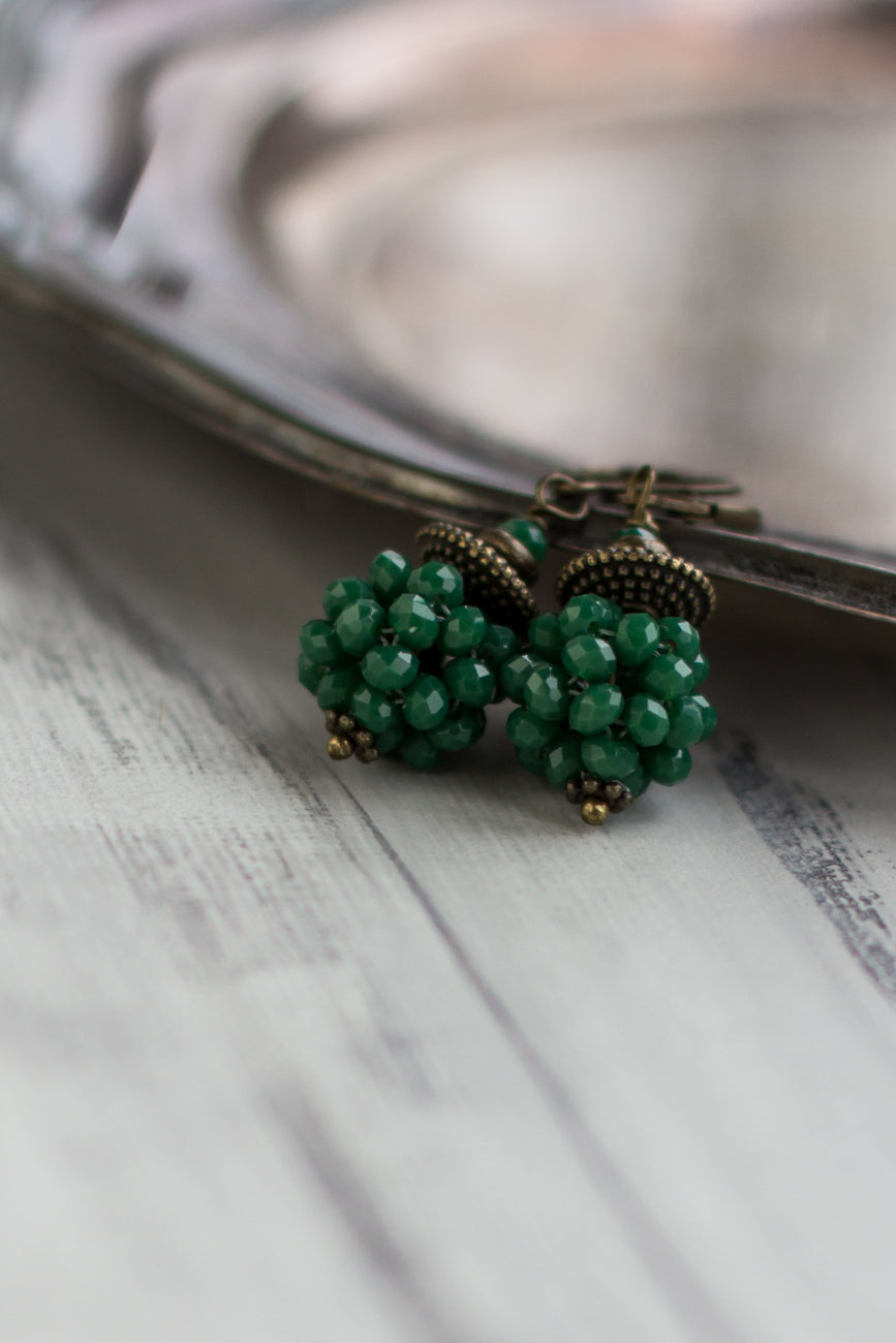 Handcrafted green crystal petite-size earrings. Daily wear small ball shape earrings. Brass jewelry. jewelry great for casual and formal occasions.