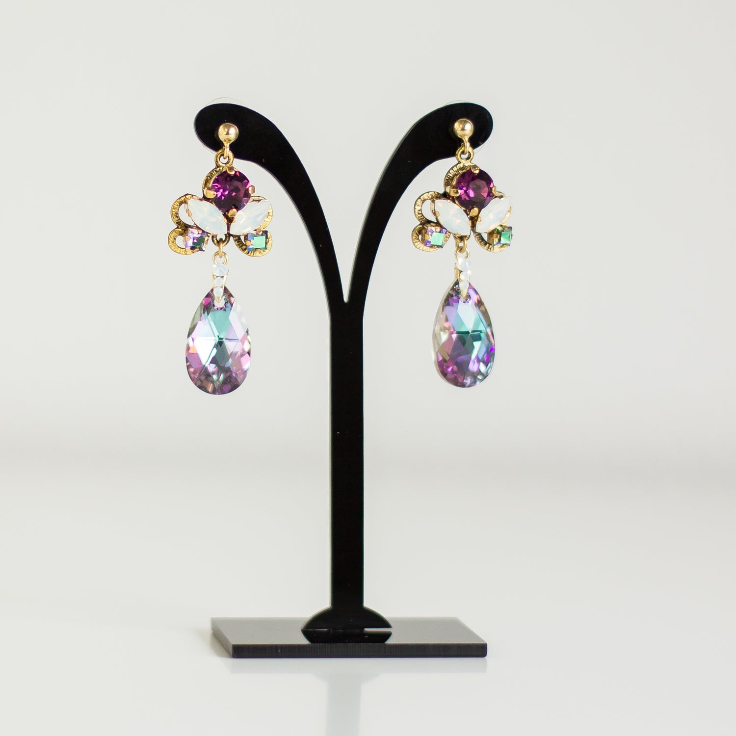 Rhinestone earrings, exquisite evening jewelry. Teardrop Vitrail Light Purple Swarovski crystal earrings with purple and white opal accessories make for a unique jewelry set.