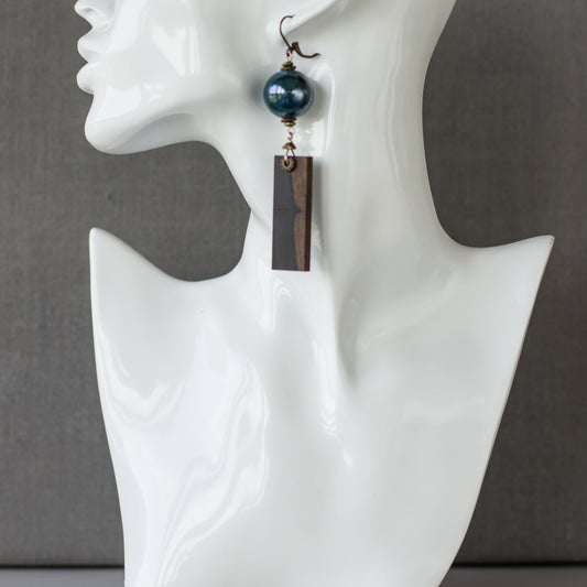 Stylish teal & brown earrings. Wood earrings. Geometric earrings. Dangle earrings. Natural fashion accessories. Long earrings