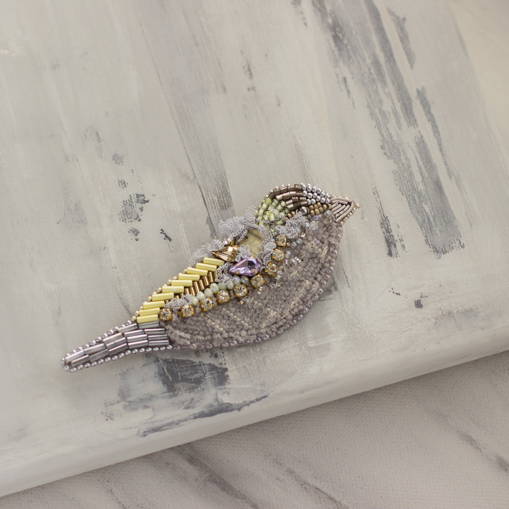 Shop women's jewelry at LeFlowers Boutique to discover unique handmade pieces for your wardrobe.  Bird brooch. Gray-Yellow brooch. Handmade brooch. Embroidered accessories. Handmade jewelry. OOAK bijouterie