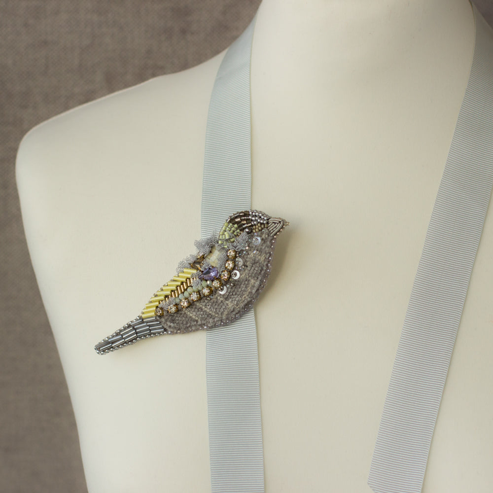 Shop women's jewelry at LeFlowers Boutique to discover unique handmade pieces for your wardrobe.  Bird brooch. Gray-Yellow brooch. Handmade brooch. Embroidered accessories. Handmade jewelry. OOAK bijouterie
