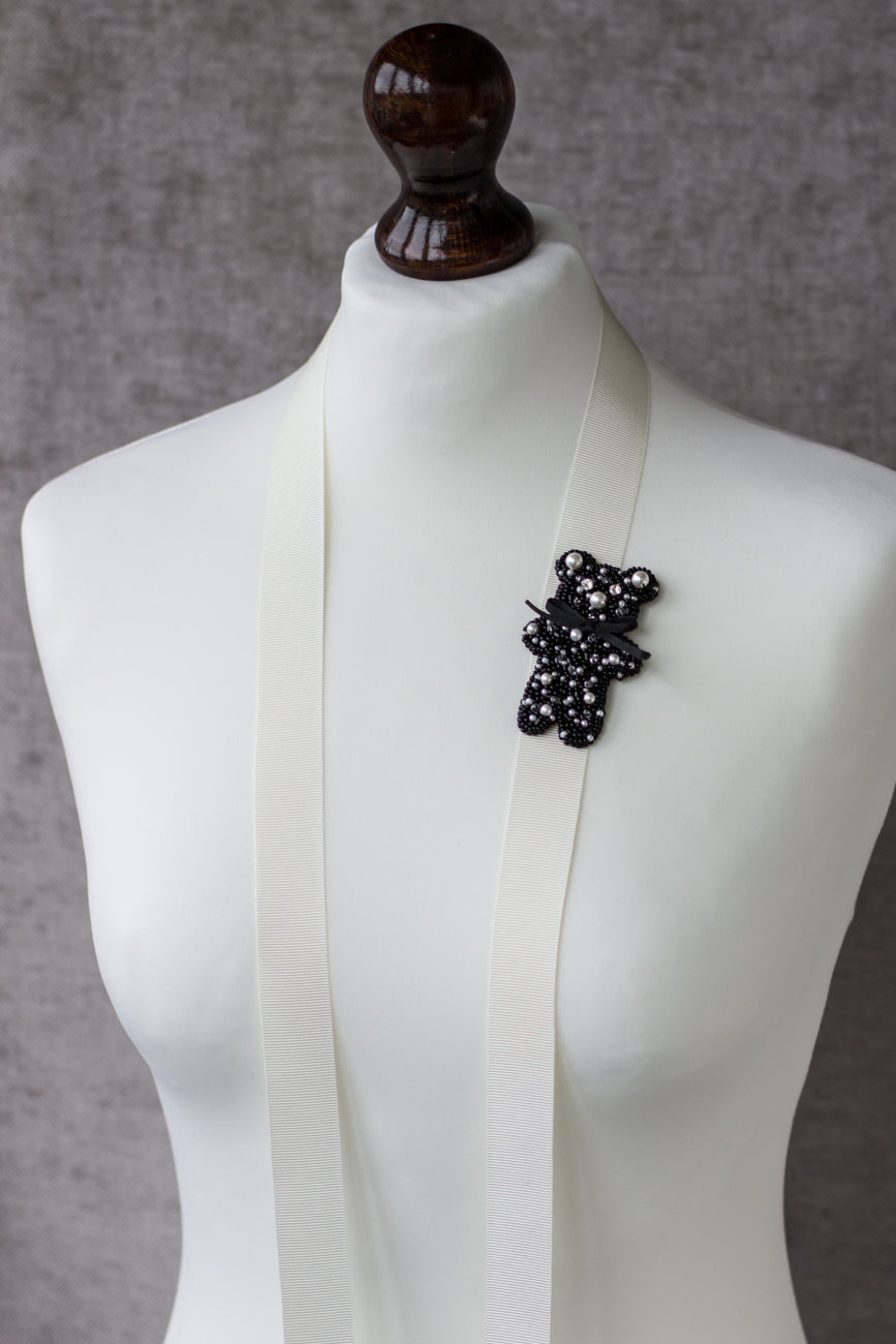 Find the perfect accessories at  LeFlowers Boutique. Black teddy bear brooch with pearls. Black embroidered brooch. Teddy bear brooch. Gift idea. Handmade bear brooch. Children accessories