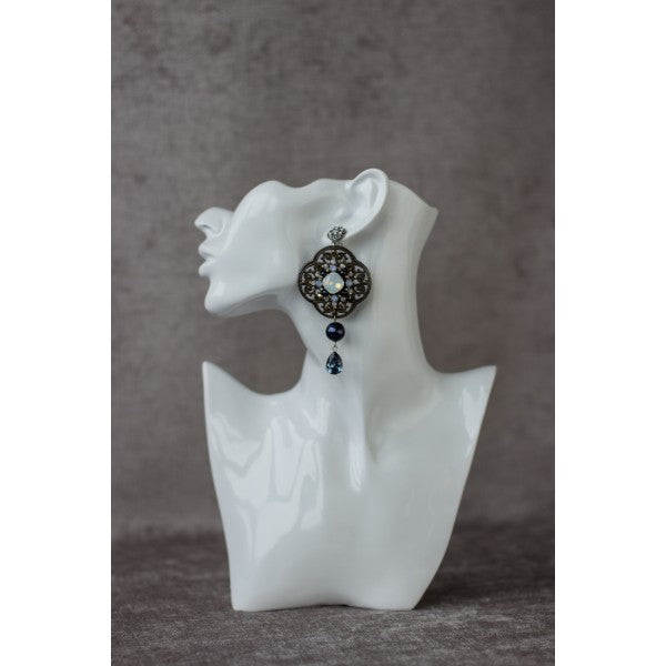 Large Blue earrings. Beaded earrings. Embroidered jewelry. Crystal earrings. Dangle & Drop earrings. Long earrings. Woman fashion jewelry. OOAK handmade accessories.