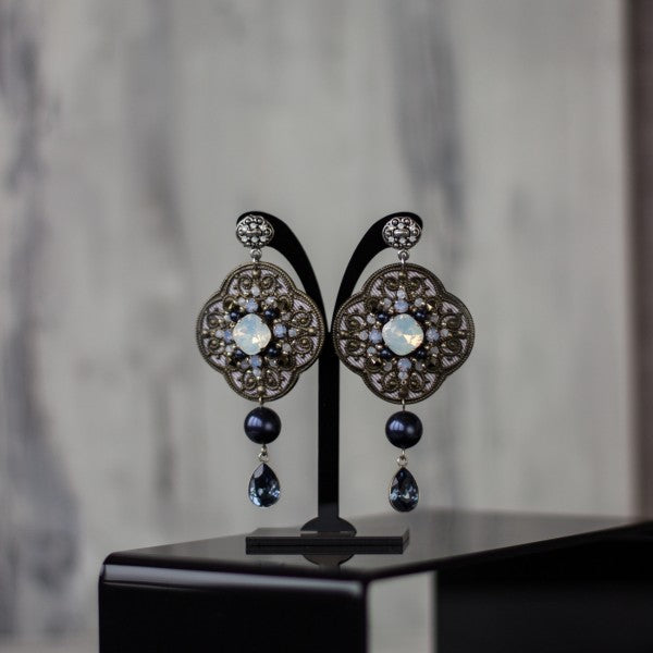 Large Blue earrings. Beaded  navy earrings. Embroidered blue jewelry. Blue Crystal earrings. Dangle & Drop earrings. Long earrings. Woman fashion jewelry. OOAK handmade accessories.