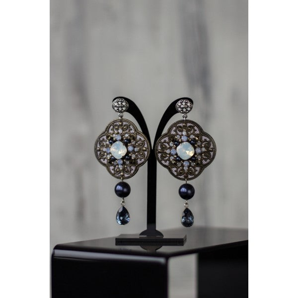 Large Blue earrings. Beaded earrings. Embroidered jewelry. Crystal earrings. Dangle & Drop earrings. Long earrings. Woman fashion jewelry. OOAK handmade accessories.