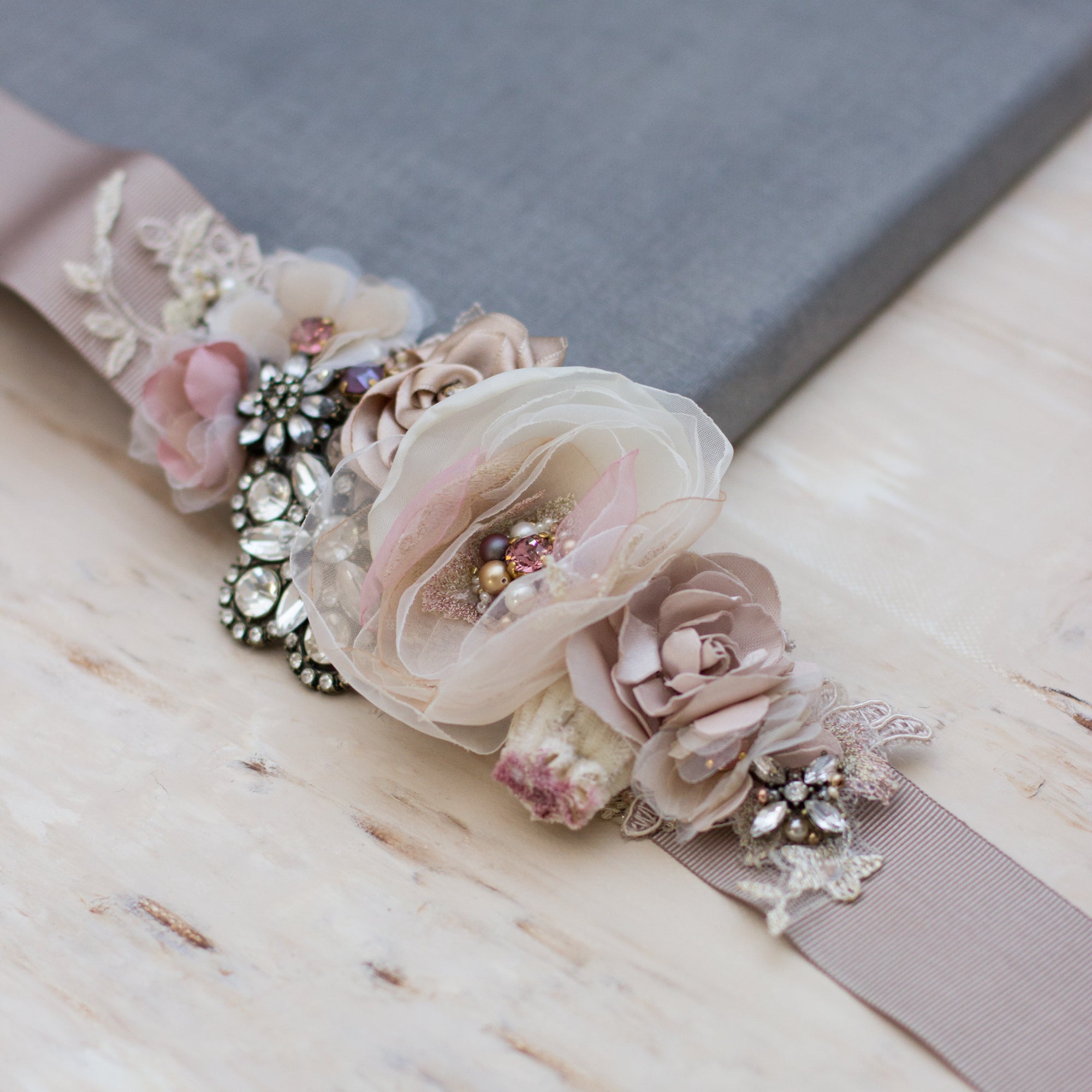 Wedding floral sash beige dusty rose bridal belt RG 207