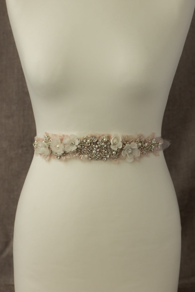 Blush floral bridal belt sash. Floral blush pink wedding sashes belts
