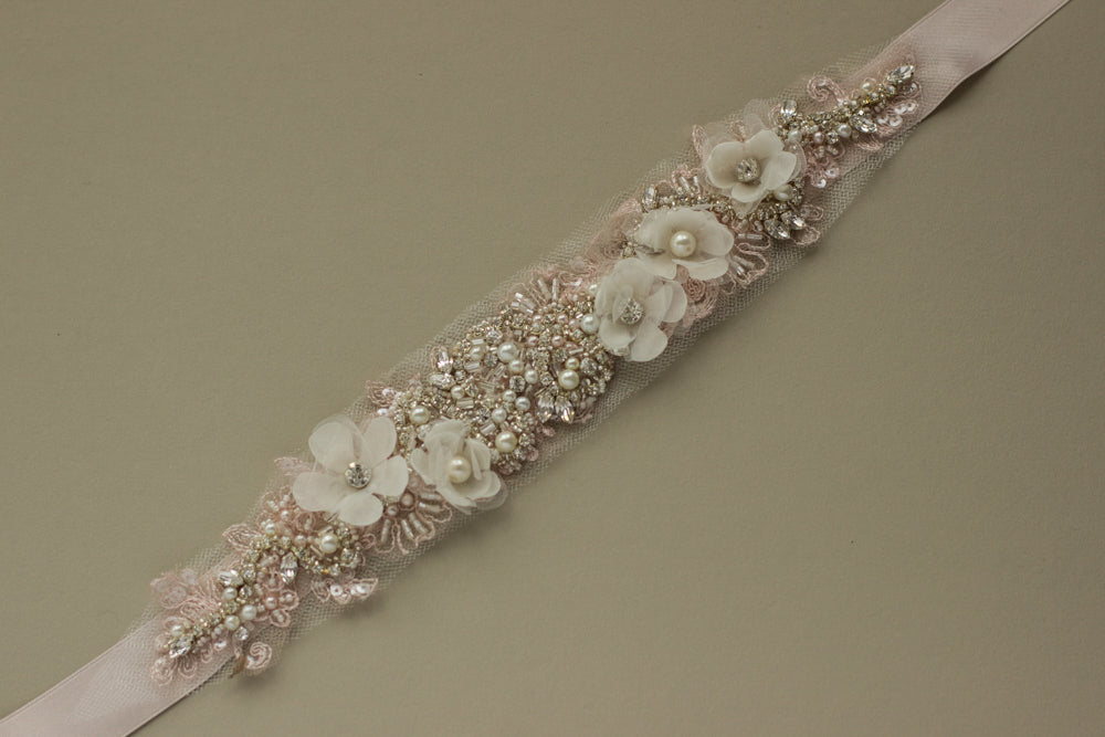 Blush floral bridal belt sash. Floral blush pink wedding sashes belts