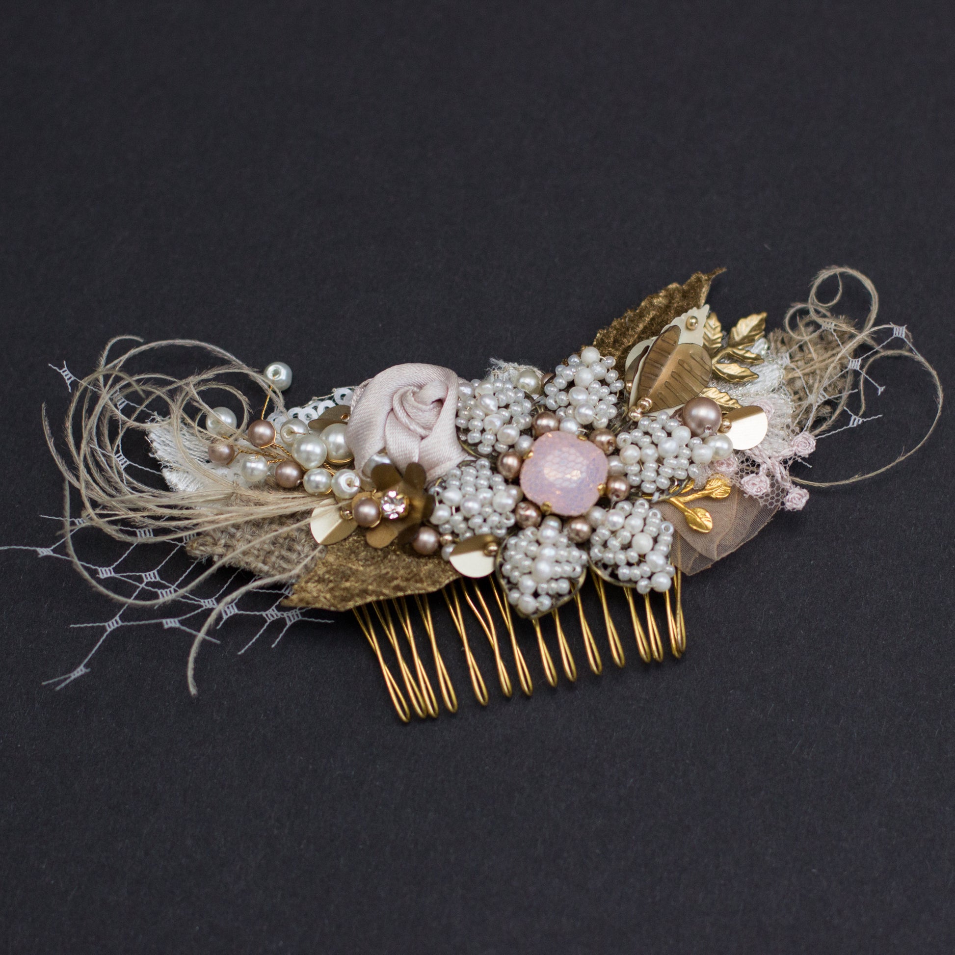 Bridal hair comb, Wedding headpiece. Bridal hairpiece. Burlap Wedding headpiece. Floral hair comb. Dusty rose-Blush-Gold-Pale pink Wedding hair fascinator. Pearl hair comb