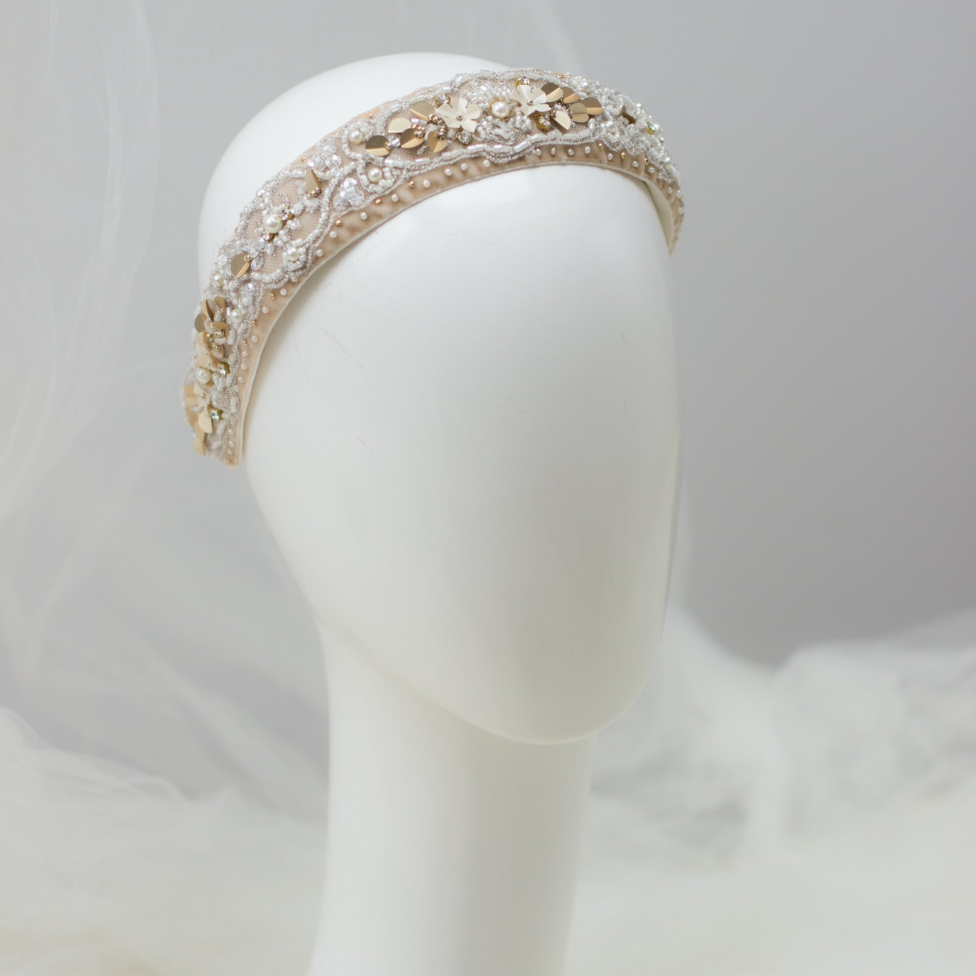 Velour Champagne headband. Velvet Bridal headpiece. Wedding hair accessories. Lace headpiece. Embroidered Head fascinator. Bridesmaid, Flower girl headband. Velour headpiece. Antique silver & gold headpiece.
