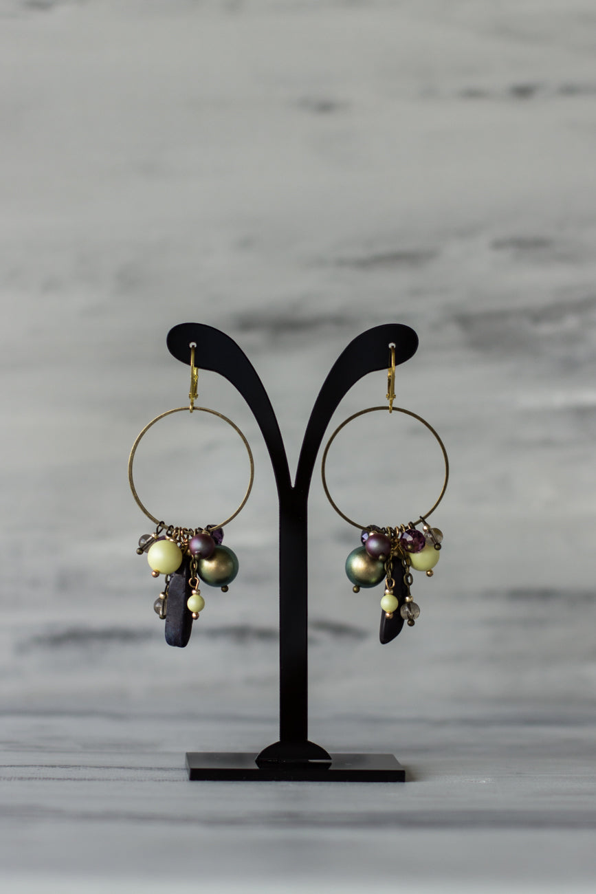 Hoop earrings. Round Pearl earrings. Handmade jewelry. Woman fashion bijouterie. OOAK accessories. Colorful Dangle earrings. Everyday earrings. Yellow purple pearl earrings.