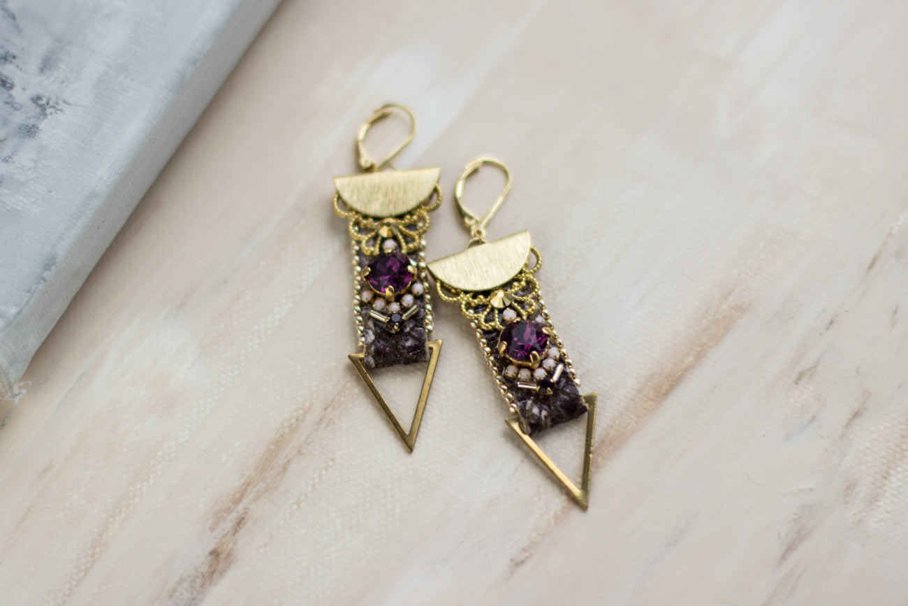 Buy online unique Fancy geometric earrings. Gold Purple earrings. Crystal earrings. Leather earrings. Snake skin earrings. OOAK jewelry. Handmade accessories. Fashion accessories. Gift Idea