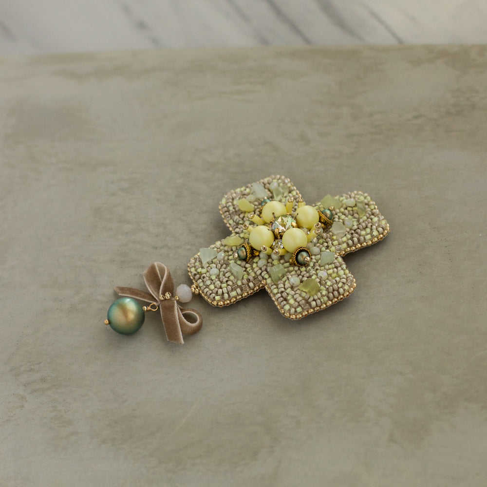 Handmade Gold brooch. Embroidered Green brooch. Yellow brooch. Handmade jewelry. Handmade brooch. Unique bijouterie. Embroidered accessories. Pearl brooch. OOAK jewelry. One of a kind jewelry. Gift idea. Cross crooch. Women pin. Fashion accessories