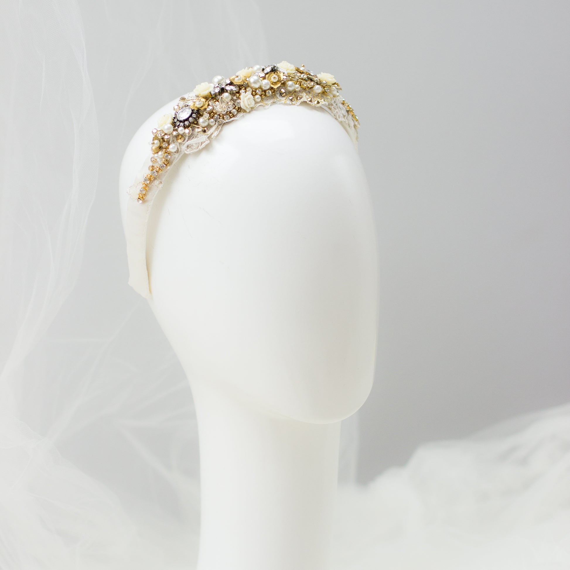 Handmade wedding accessories. Gold headband. Crystal headband. Bridal headpiece. Wedding hair accessories. Rhinestone hairpiece. Head fascinator. Lace headband. online bridal boutique.